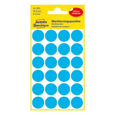 Etikett AVERY 3005 jelölőpont 18mm kék 96 darabos