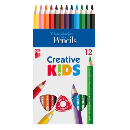 Színes ceruza ICO Creative Kids háromszögletű vastag festett 12 darabos